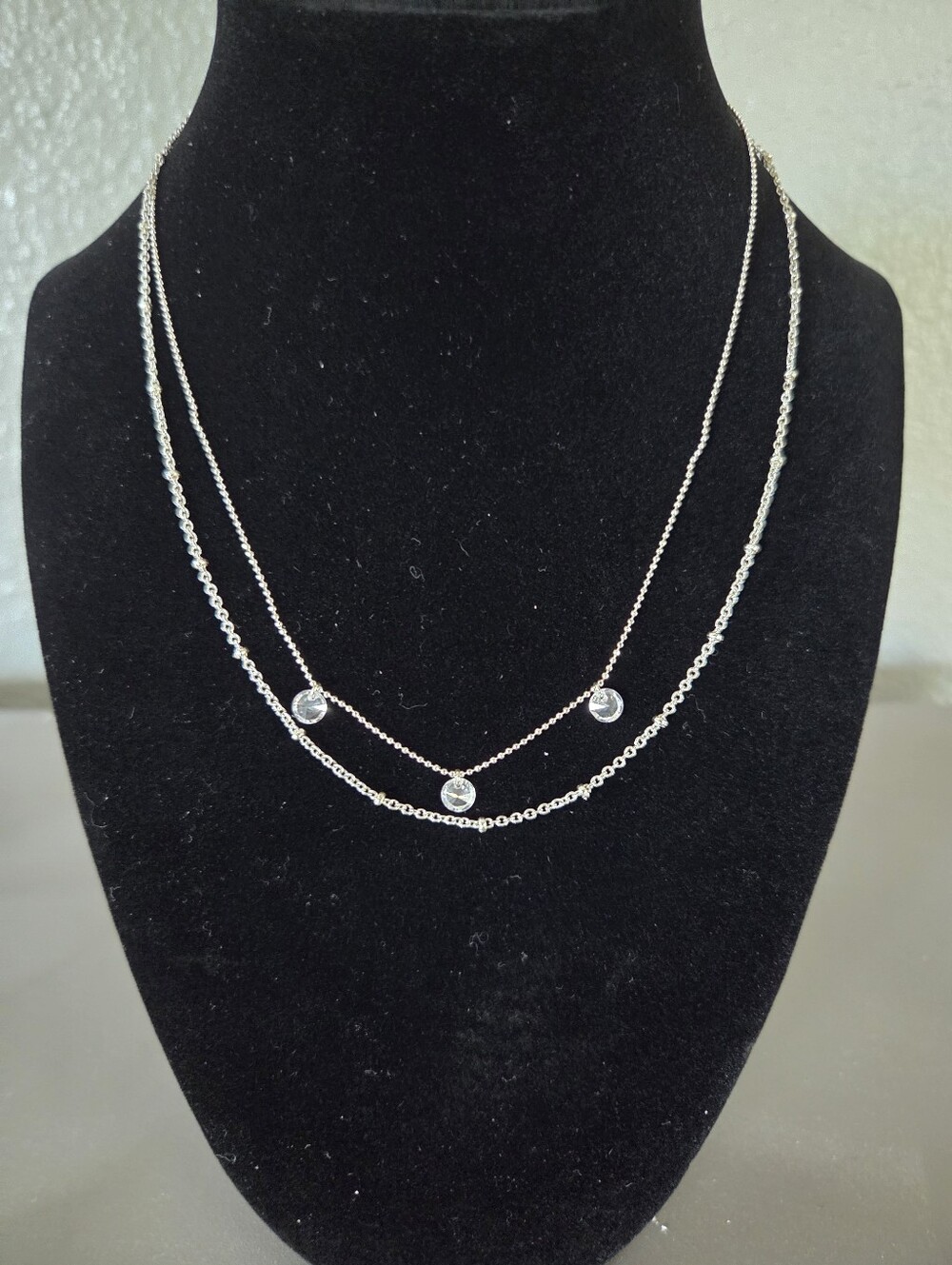 Silver Layered Necklace with Clear Crystal Drops - Women Jewelry